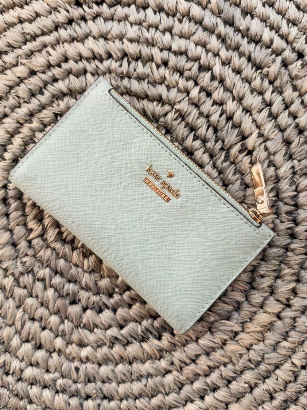 kate spade pale mint zip cardholder with gold hardware
